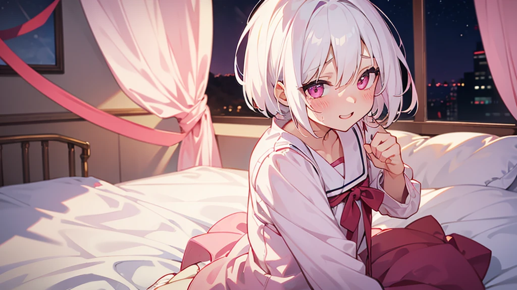 White Hair Girl、Pink Eyes、Short Hair、Only one girl、Night、In the bedroom、Blushing、laughing、Excited、Just One、Sitting on the bed、Sweating、Red ribbon on the right