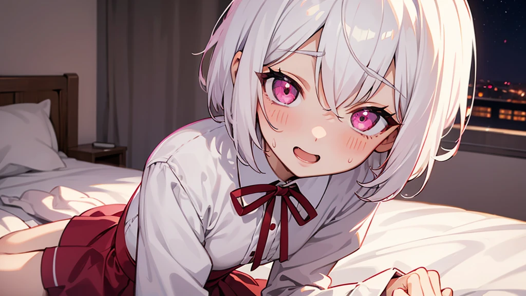 White Hair Girl、Pink Eyes、Short Hair、Only one girl、Night、In the bedroom、Blushing、laughing、Excited、Just One、Sitting on the bed、Sweating、Red ribbon on the right