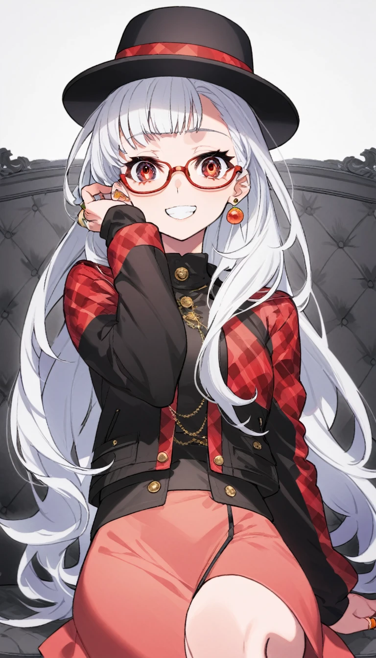 One girl, alone, Long Hair, View your viewers, smile, bangs, 水色のJacket, Red pastel skirt、Red eyes,White hair in the eye、Beautiful eyes that shine、Long sleeve, Boater hat、jewelry, Sitting, Jacket, Upper Body, Silver Hair、 earrings, Glasses, teeth, Grin, open Jacket, Earrings, sunGlasses, ring, ear Earrings,色付きGlasses, White Background、White background,Umaibo、Candy