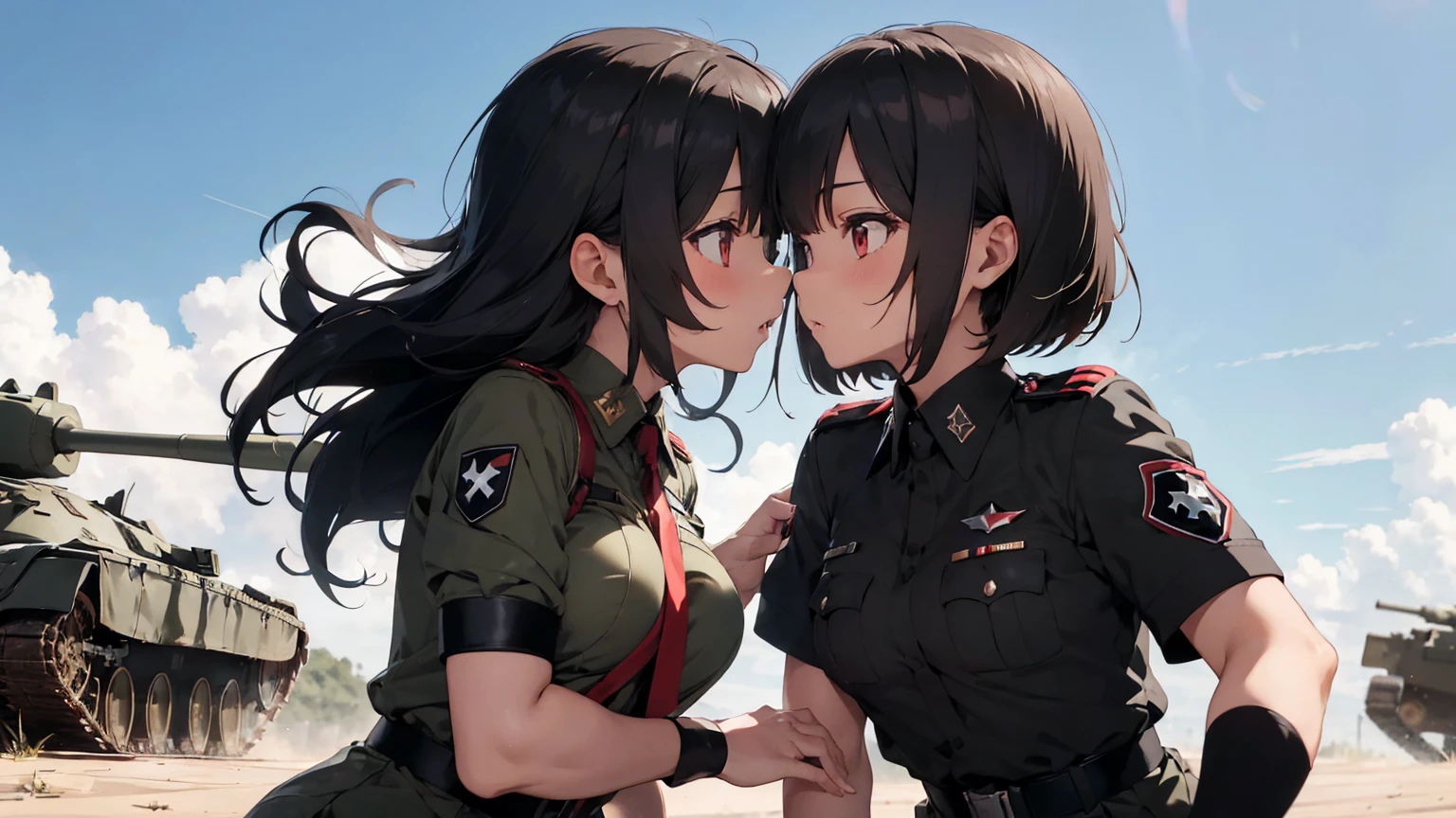 Gestapo uniform, female lesbian kawaii sisters kissing passionately with T-54 military tank. wearing Luftwaffe uniforms. 8k. masterpiece. best quality. best artwork. lingerie. Swastika insignia red armband. bare breasts