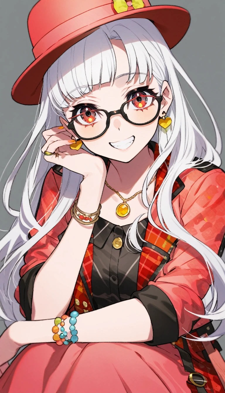 One girl, alone, Long Hair, View your viewers, smile, bangs, 水色のJacket, Red pastel skirt、Red eyes,White hair in the eye、Beautiful eyes that shine、Long sleeve, Boater hat、jewelry, Sitting, Jacket, Upper Body, Silver Hair、 earrings, Glasses, teeth, Grin, open Jacket, Earrings, sunGlasses, ring, ear Earrings,色付きGlasses, White Background、White background,((Umaibo))、Candy