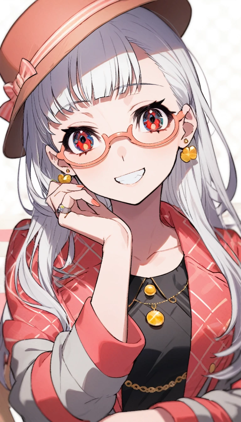 One girl, alone, Long Hair, View your viewers, smile, bangs, 水色のJacket, Red pastel skirt、Red eyes,White hair in the eye、Beautiful eyes that shine、Long sleeve, Boater hat、jewelry, Sitting, Jacket, Upper Body, Silver Hair、 earrings, Glasses, teeth, Grin, open Jacket, Earrings, sunGlasses, ring, ear Earrings,色付きGlasses, White Background、White background,((Umaibo))、Candy