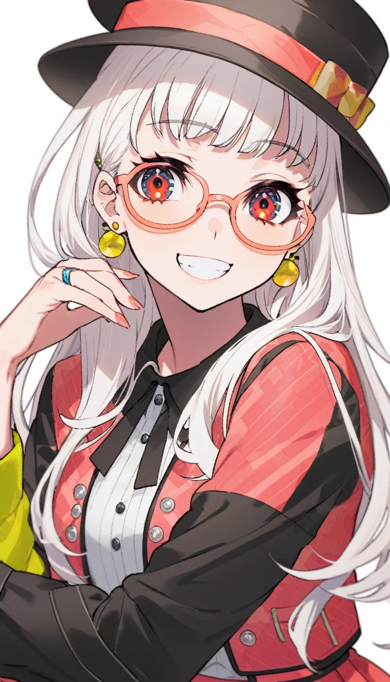 One girl, alone, Long Hair, View your viewers, smile, bangs, 水色のJacket, Red pastel skirt、Red eyes,White hair in the eye、Beautiful eyes that shine、Long sleeve, Boater hat、jewelry, Sitting, Jacket, Upper Body, Silver Hair、 earrings, Glasses, teeth, Grin, open Jacket, Earrings, sunGlasses, ring, ear Earrings,色付きGlasses, White Background、White background,((Umaibo))、Candy