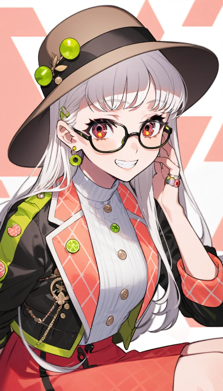 One girl, alone, Long Hair, View your viewers, smile, bangs, 水色のJacket, Red pastel skirt、Red eyes,White hair in the eye、Beautiful eyes that shine、Long sleeve, Boater hat、jewelry, Sitting, Jacket, Upper Body, Silver Hair、 earrings, Glasses, teeth, Grin, open Jacket, black Jacket, Earrings, sunGlasses, ring, ear Earrings, cigarette, cigarette, 喫cigarette, 色付きGlasses, White Background、White background,Umaibo、Candy