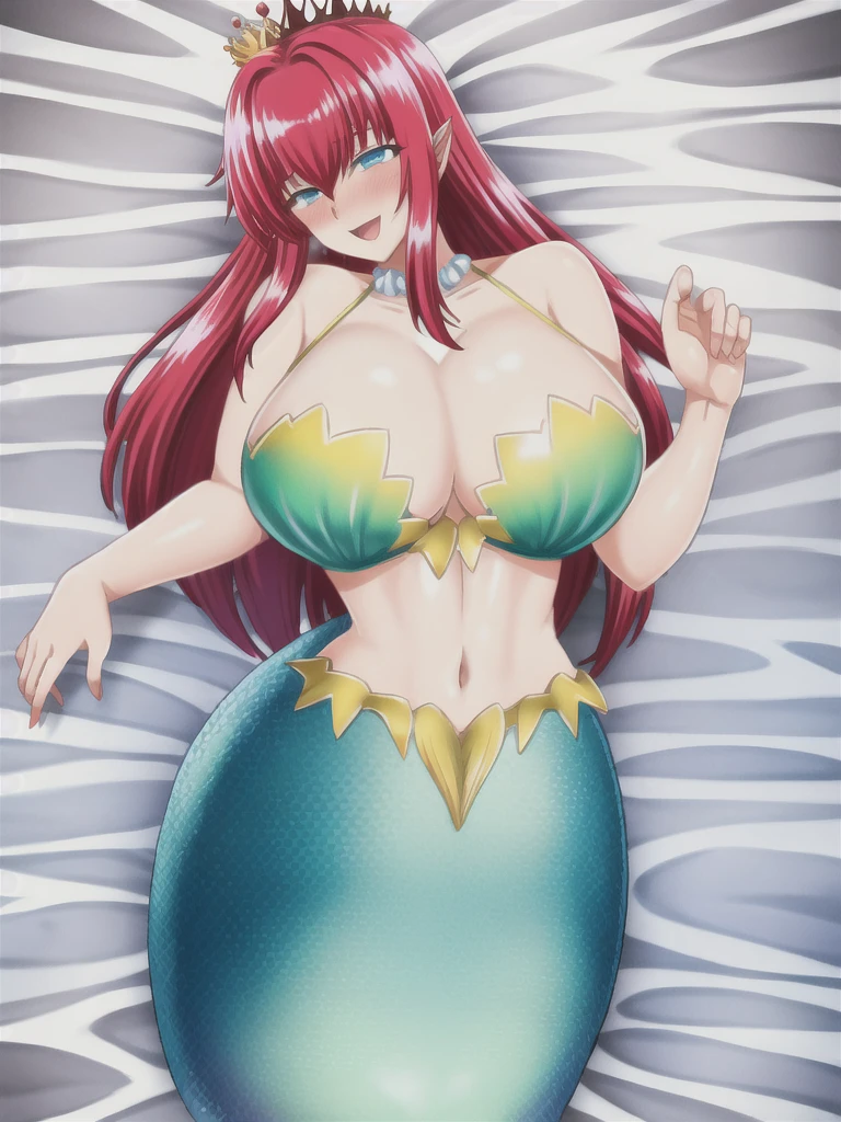 Mermaid, solo, mermaid tail below waistline, underwaters, pearl crown, red hair, long hair, blue eyes, bra, large breasts, cleavage, happy, blush, full body,