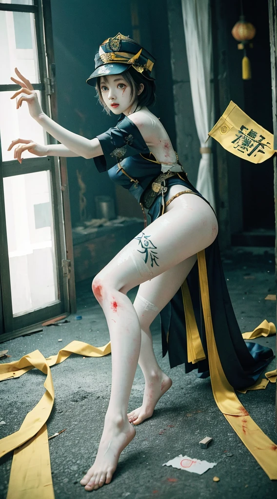 born, masterpiece, Ultra HD Photos, 最high quality, Ultra-high resolution, Realistic, moonlight, night, Beauty, short hair, Delicate face立ち, Perfect Face, Big Breasts, Yellow rune paper on face, Many Taoist rune papers pasted on the body, Qing Dynasty official hat, His whole body was wrapped in bloodstained white bandages., Female Zombie, Hong Kong Lam Zheng-ying zombie movie character, Sit on the ground, Pale skin, Fair skin, Glowing Skin, Vampire Teeth, Great beauty, Dynamic pose, Delicate face, Abandoned warehouse background, Messy, nice, Skin with attention to detail, Realistic skin detail, Sharp focus, Volumetric Light, 8K Ultra HD, Digital SLR, high quality, Film Grain, realism