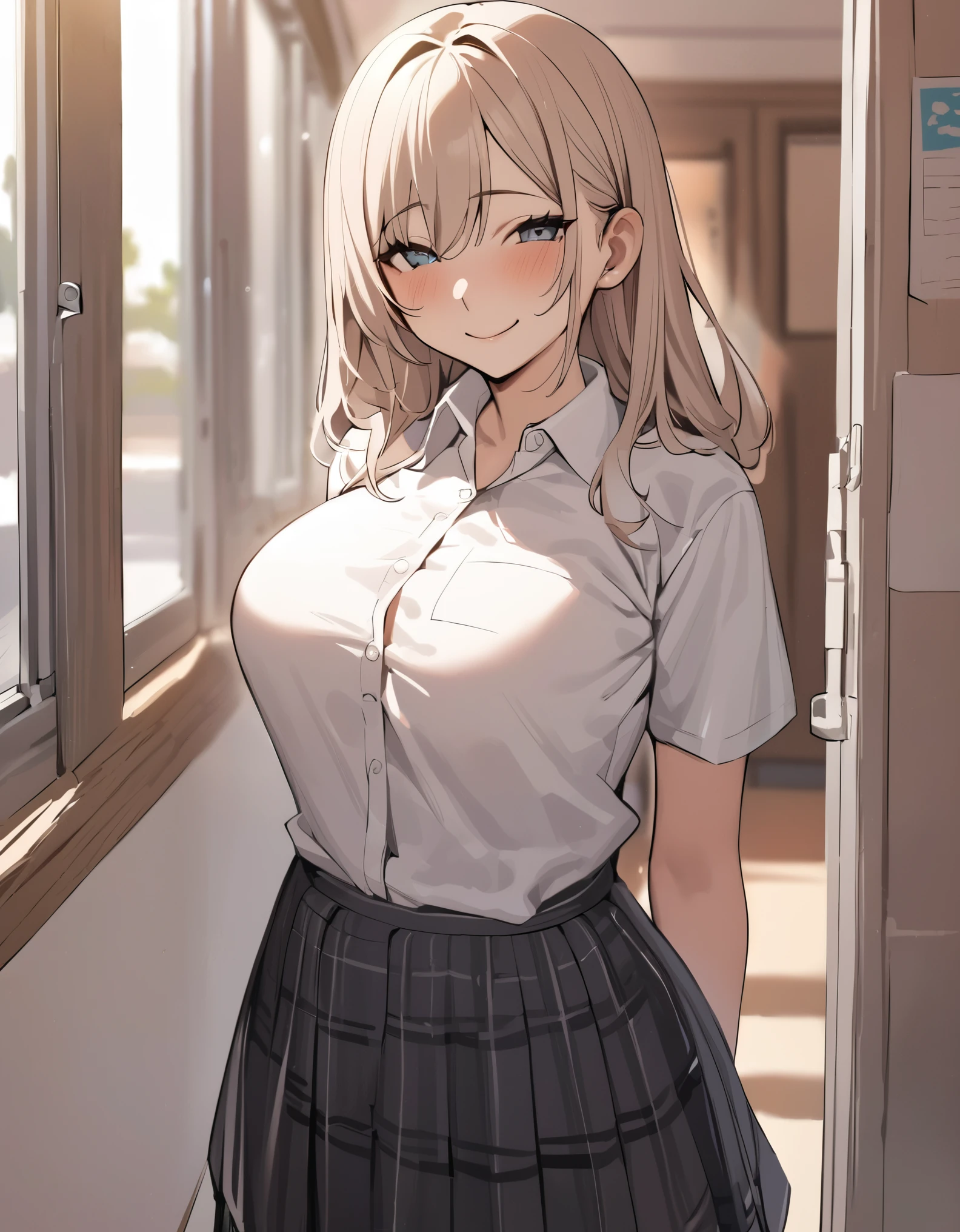 masterpiece, best quality, very aesthetic, absurdres, 1girl, school, student, shirt, skirt, big breasts, smile, standing 