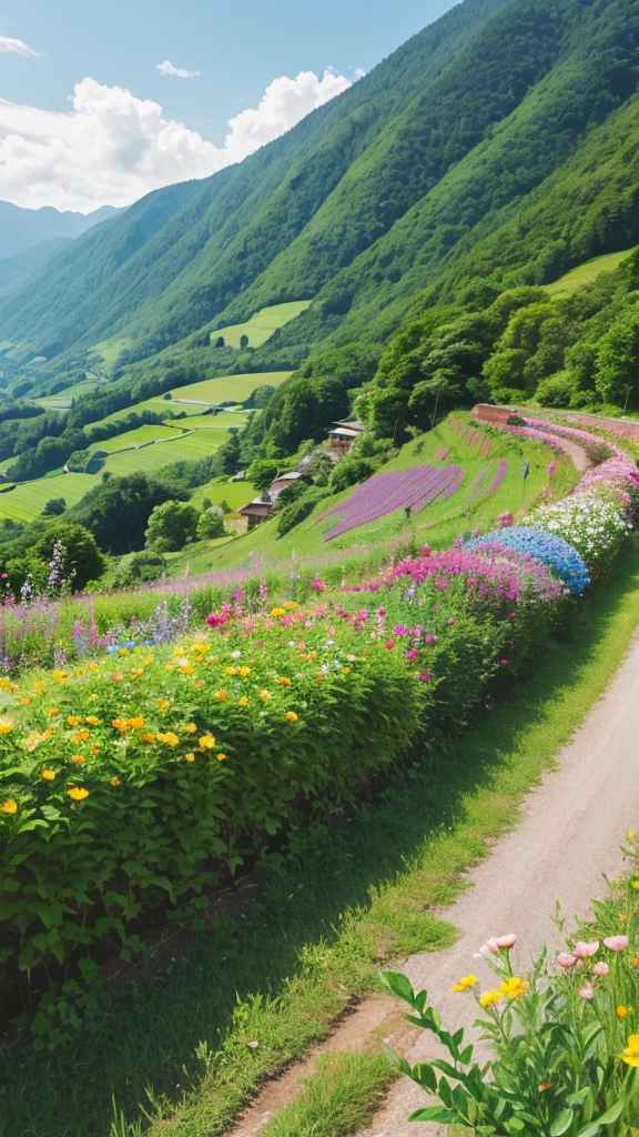 Ghibli Style　　countryside　road　Mountain　flower　leaf
