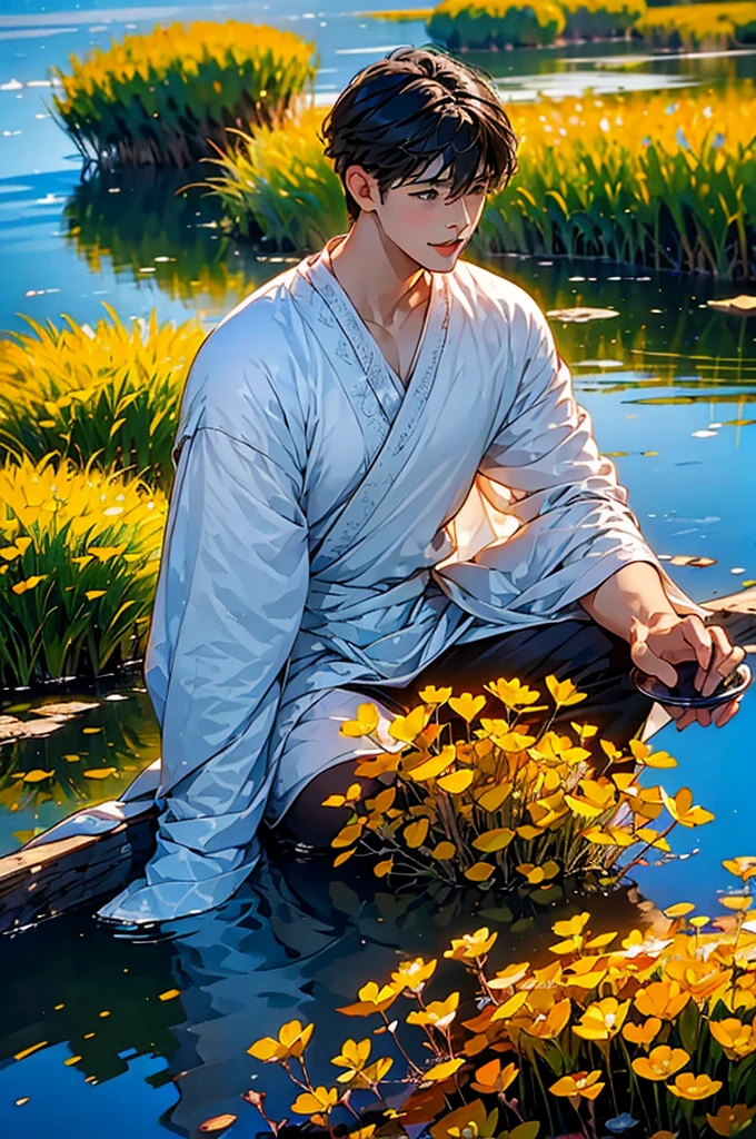 (in 8K、top-quality、masterpiece:1.2)、1 boy、short-haired、Hair short、Brown-skinned、Blue View、