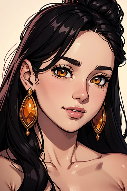 Realistic Photos, lip gloss, NSFW, drawing, emotional, Best Quality, Super High Resolution, depth, Pastel color, Natural Shading, focus on face, Face only, looking at the scenes, 1girl, Dejah Thoris, topless, long hair, Black hair, Amber and well-detailed eyes, amber eyes, pale white skin, (smile:1), grinning, detailed wallpaper, looking into the camera, black background, calm look, elaborate jewelry in her hair
