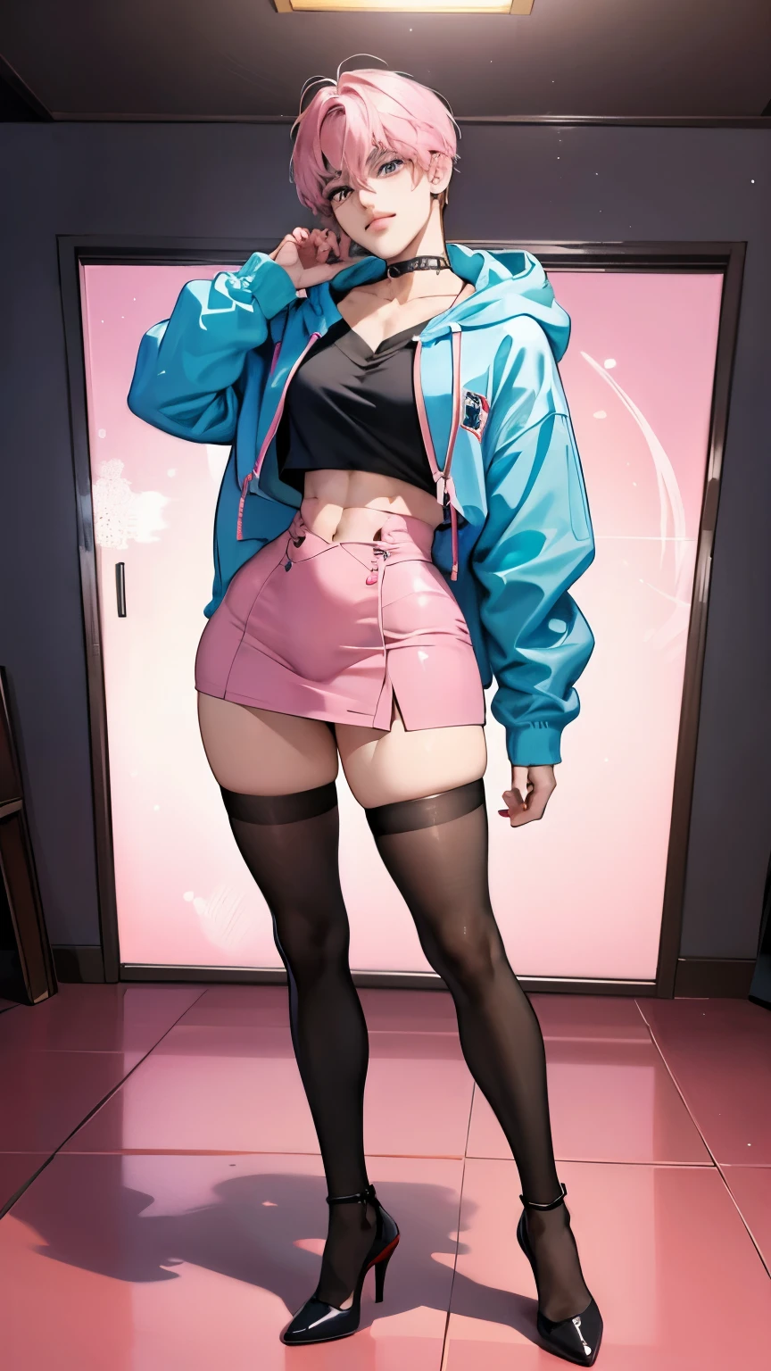 1 male, ((femboy)), Guviz-style artwork, made with anime painter studio, anime realismスタイル, Realistic anime art style, painted in anime painter studio, Inspired by Kim Taehyung, In an anime style, anime handsome guy, Inspired by Kim Taehyung, anime realism, Pink hair, A smile, a choker, Multiple piercings, Man with short hair, Male one, Inspired by Kim Taehyung, bustup, hoody, living room, standing, full body, ((round buttocks)), presenting ass, big ass, big bulge crotch, pink stockings, blue high heels, a miniskirt