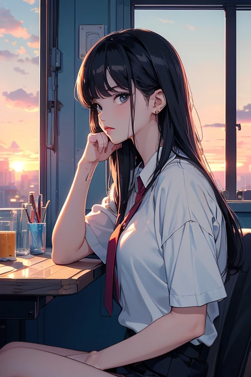 (masterpiece:1.5, best quality:1.5), ((VaporWave style, partially coloring)), cinematic angle, (ultra straight hair, Asymmetrical bangs), 1girl, (Hair flowing in the wind), Staring tiredly out the window, (Eyes looking away, Looking out the window), (sunset outside the window:1.2, sunset through window:1.2), From inside the house, ((Rest chin on hand)), Elbow on the table, face seen from the side, Short sleeve white shirt uniform, ultra straight hair, Poke out lips,