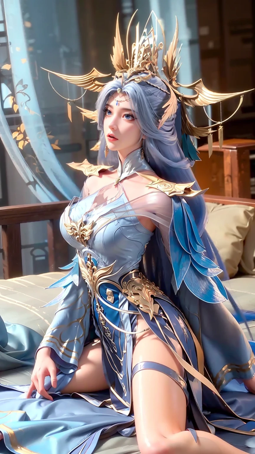 一个女孩Lying in bed,Face up,Raise your legs slightly,Front view super detailed beautiful big breasted girl 16 years old. Ultra HD, 4K, 8K, Movie,whole body,Lying down,Long legs,Very big breasts,whole body捕捉,(((Lying in bed))),(((whole bodyLying in bed))),big bed,Off-shoulder,Shoulder to shoulder,Lying in bed,Sleeping on the pillow,Lying down,Headrest pillows,(((Light blue long hair))),(((Blue Eyes)))