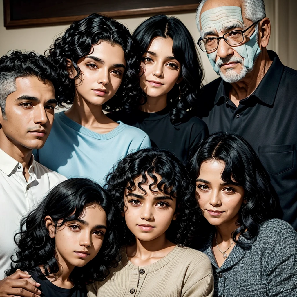 Grandmother with black curly hair, grandfather with black hair, grandson of age 17 with black buzz cut hair and grandaughter of age 19 with black wavy hair in same frame