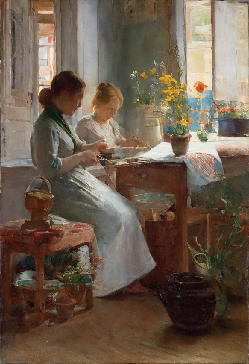 painting of a woman sewing in a room with a vase of flowers, by Gritsai Alexey, by Martinus Rorbye, by Constantin Hansen, by Harold Harvey, summer morning light, by Carl Eugen Keel, danile gerhartz, by Cor Melchers, peder severin kroyer, summer morning, summer afternoon, by Vilhelm Kyhn, by Harriet Backer