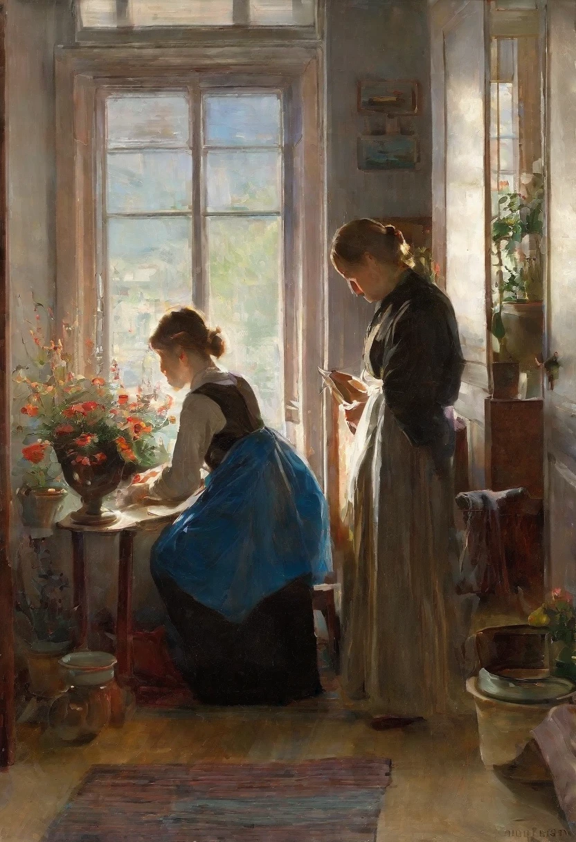 painting of a woman sewing in a room with a vase of flowers, by Gritsai Alexey, by Martinus Rorbye, by Constantin Hansen, by Harold Harvey, summer morning light, by Carl Eugen Keel, danile gerhartz, by Cor Melchers, peder severin kroyer, summer morning, summer afternoon, by Vilhelm Kyhn, by Harriet Backer