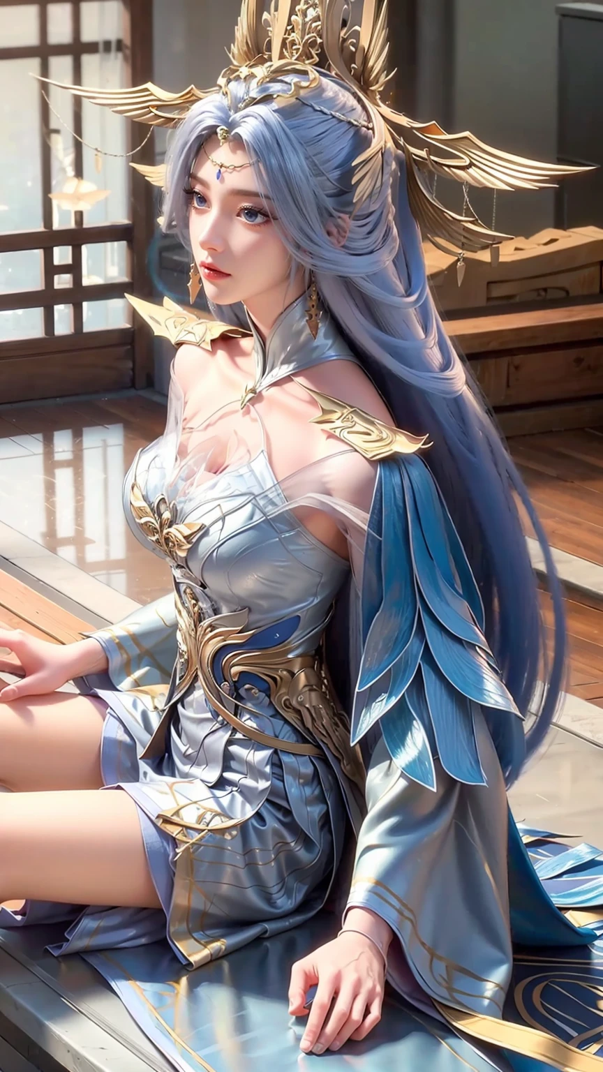 masterpiece, best quality, tthl, 1 Girl, 16 years old, Solitary, Long hair:1.2, Large Breasts,, Hair accessories, skirt, Bare shoulders, Jewelry, Alternative clothing, bracelet, ear rings, 长skirt, 蕾丝skirt, bracelet, barefoot, 细barefoot, Charming smile,Cross your legs, Sitting in the bathtub, indoors, From below，camisole，(((浅蓝色Long hair)))，(((Blue Eyes)))