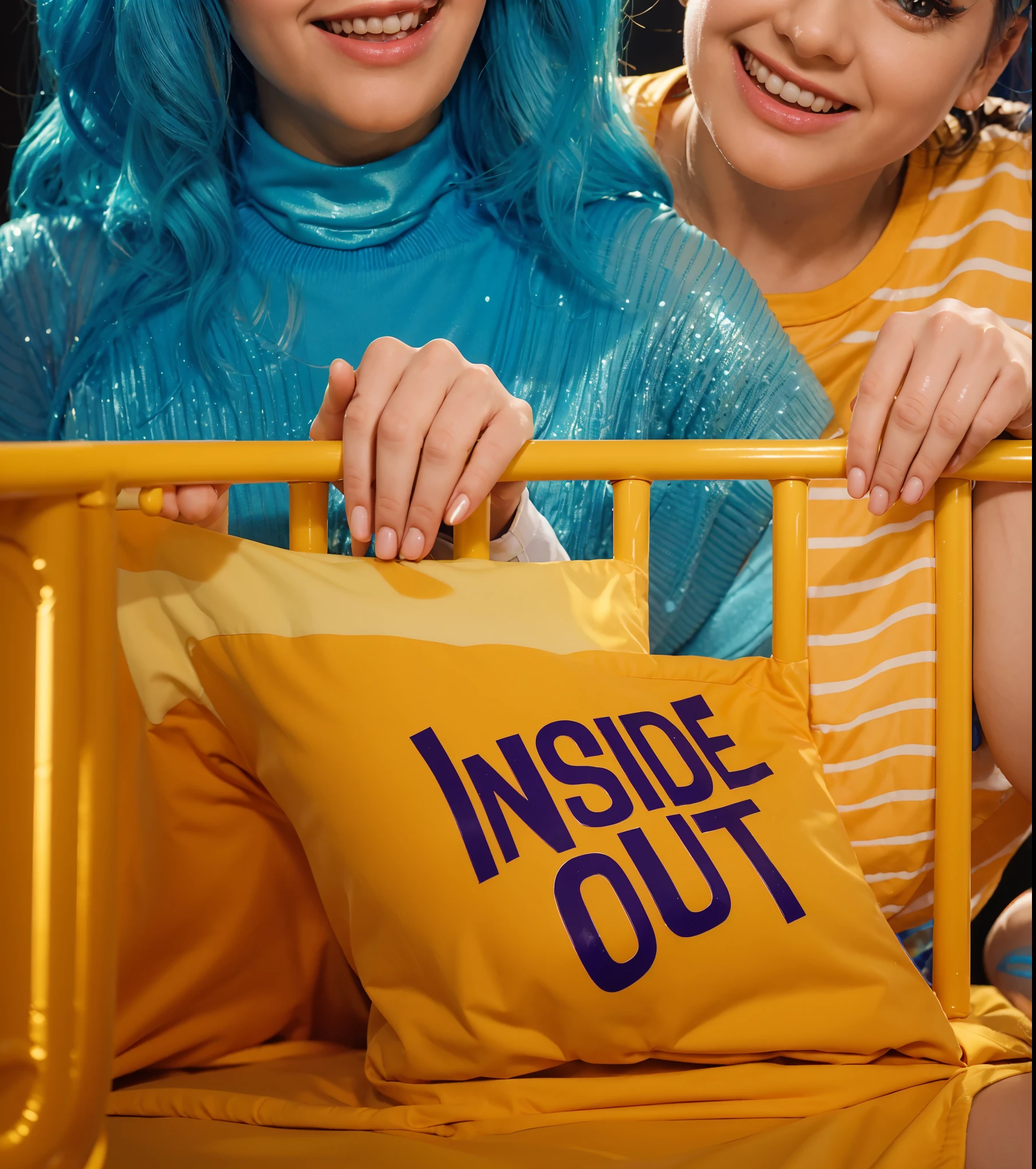 This image vibrantly captures a playful scene featuring Riley Andersen from "Inside Out," surrounded by characters styled as animated emotions from the movie. The blue-haired girl on the left symbolizes creativity and intelligence with her glasses and a radiant smile. Beside her, the girl with orange hair and a spirited expression represents enthusiasm and energy. At the center, toddler Riley, with her big blue eyes and starry pajamas, embodies innocence and is the focal point of the emotional journey depicted in "Inside Out." To her right, the girl with blue hair in a green dress could represent a quirky, imaginative aspect, while the young man in a white shirt and red gloves adds a touch of strength and leadership. They are all gathered around a crib, exuding warmth and a sense of camaraderie, perhaps symbolizing a supportive family or a collective of guiding emotions, each playing a role in nurturing Riley's growth and experiences. The "Inside Out" pillow and Riley's outfit further tie into the theme of exploring internal emotions and their impact on the outer world. vibrant contrast to his attire and accessories.аffects render, (glossy plastic texture with multiple big light probe refractions), perfect cgi, smooth silhouette, high intensity refraction, (super glossy plastic material), most beautiful vfx, , realistic, 4k, high resolution, rim light, smooth 3d model, multiple light sources, rim light, sharp post effects render,, realistic, 4k, high resolution, rim light detailed digital art, reflective, best quality, 4k, masterpiece:1.2, ultra-detailed, realistic, vivid colors, The image of the highest quality, ensuring every detail showcased perfectly. It in 4k resolution, allowing viewers to immerse themselves in the richness of the colors and intricate details. The realistic rendering. under the spotlight, reflecting, high-resolution image, realistic rendering