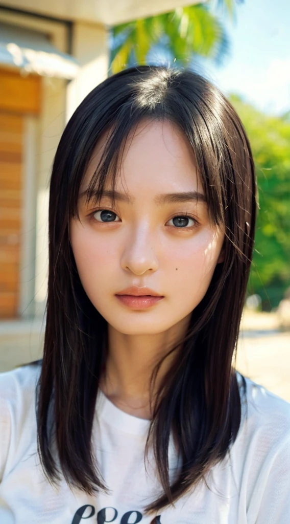 32K, Highest quality, masterpiece, Realistic, Very detailed,  photograph, High resolution, 行photograph, High resolution, Confused, Smoother light, Official Art, Written boundary depth, Bright light,
close, thin, Detailed face, anger, Beautiful details in the eyes, 19 years old Korean, cute, Highest quality real texture skin,
T-Shirts,