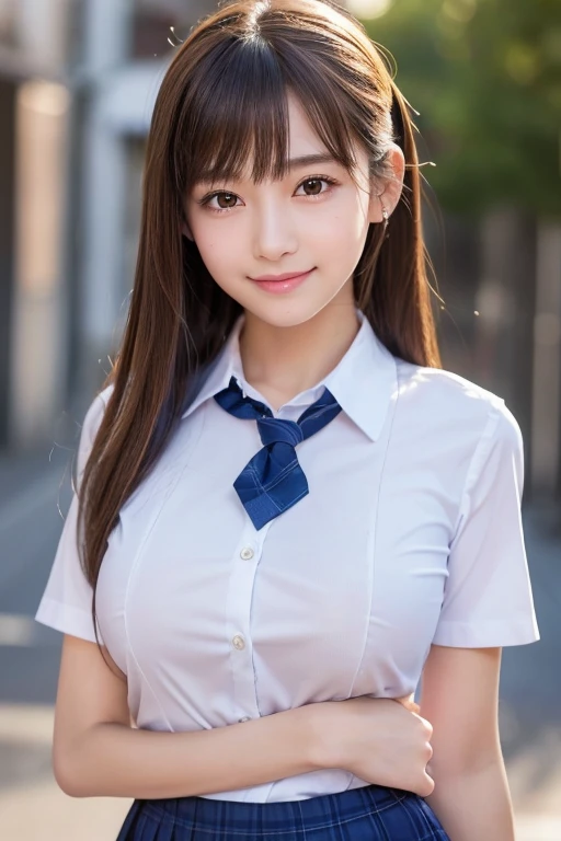 ((masterpiece, Best Quality)), ((A high resolution)), (photograph realistic), Best Shadow, high detailing, Very detailed, (nice hand, Perfect hands), (Face Focus:1.2), ((1girl in)), Beautiful Girl, 18 years old, Brown eyes, (brown ponytail hair 1.5), (big breasts:1.3), (smile:1.3), Glossy white skin, (view from front:1.3), (Very slender:1.3), (Cute face:1.3), (look at viewer:1.4), Kawaii face, thin lips, detailed facial features, Crisp focus, perfect beautiful body and face, Cute childish face, Perfectly focused, (school uniform:1.2), Long bangs, in the twilight city, (cowboy shot:1.2), japanese famous idol, (Standing:1.3)
