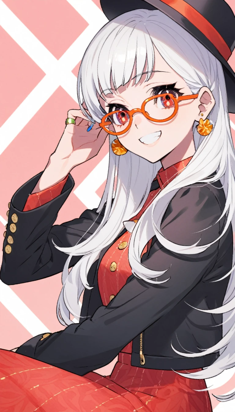 One girl, alone, Long Hair, View your viewers, smile, bangs, 水色のJacket, Red pastel skirt、Red eyes,White hair in the eye、Beautiful eyes that shine、Long sleeve, Boater hat、jewelry, Sitting, Jacket, Upper Body, Silver Hair、 earrings, Glasses, teeth, Grin, open Jacket, Earrings, sunGlasses, ring, ear Earrings,色付きGlasses, White Background、White background,Umaibo、Candy