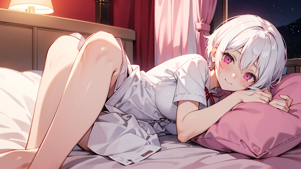 White Hair Girl、Pink Eyes、Short Hair、Only one girl、Night、In the bedroom、Blushing、laughing、Excited、Just One、Sitting on the bed、Sweating、Red ribbon on the right side of the head