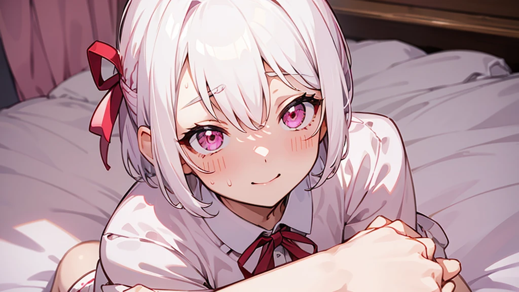 White Hair Girl、Pink Eyes、Short Hair、Only one girl、Night、In the bedroom、Blushing、laughing、Excited、Just One、Sitting on the bed、Sweating、Red ribbon on the right side of the head