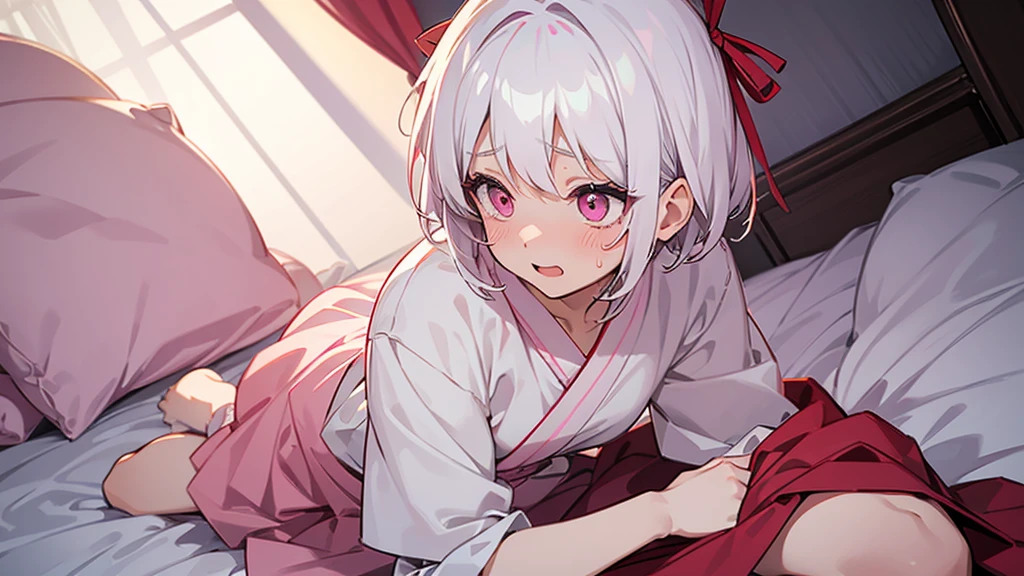 White Hair Girl、Pink Eyes、Short Hair、Only one girl、Night、In the bedroom、Blushing、laughing、Excited、Just One、Sitting on the bed、Sweating、Red ribbon on the right side of the head