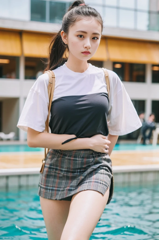 (8k, RAW Photos, Highest quality, masterpiece:1.2,Film Grain:1.1), masterpiece, Highest quality, shape, Very detailed, Fine details, High resolution, 8k,wallpaper, Perfect dynamic composition,(High quality with attention to detail, Realistic depiction of eyes:1.3)、A woman who has been  and has her Hand tied、Place your arms behind your back、Hand tie,Standing on a yacht floating on the sea、Tartan Check Pleated Skirt、whole body、A strong wind blows and flips up my skirt、White panties are visible、The whole is facing forward、２１talent、beauty、Well-formed face、Even out the eyes、Beautiful black hair、Banditium Build、Balanced ratio、Beautiful feet、Short sleeve blouse、Fresh face、Beautiful views、