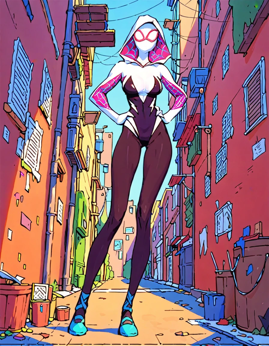 Masterpiece , best quality , Masterpiece , best quality , Spider Gwen , 1 woman, mask , Leotard , abdomen , big breasts , Long legs , Put your hands on your hips. , canvas shoes , alley