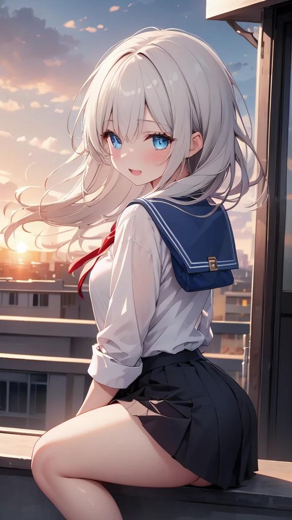 (8k, best quality, master piece: 1.2),super high resolution,1 girl, 独奏, colorshift eyes, hyperdetailed, expressive eyes, ultra-detailed face,,random hair, random color, Ecstatic expression, Back view, In the School Rooftop、A girl standing with the sunset in the background。Hair swaying in the wind、、A bag swinging on your back、Knee-length skirt
