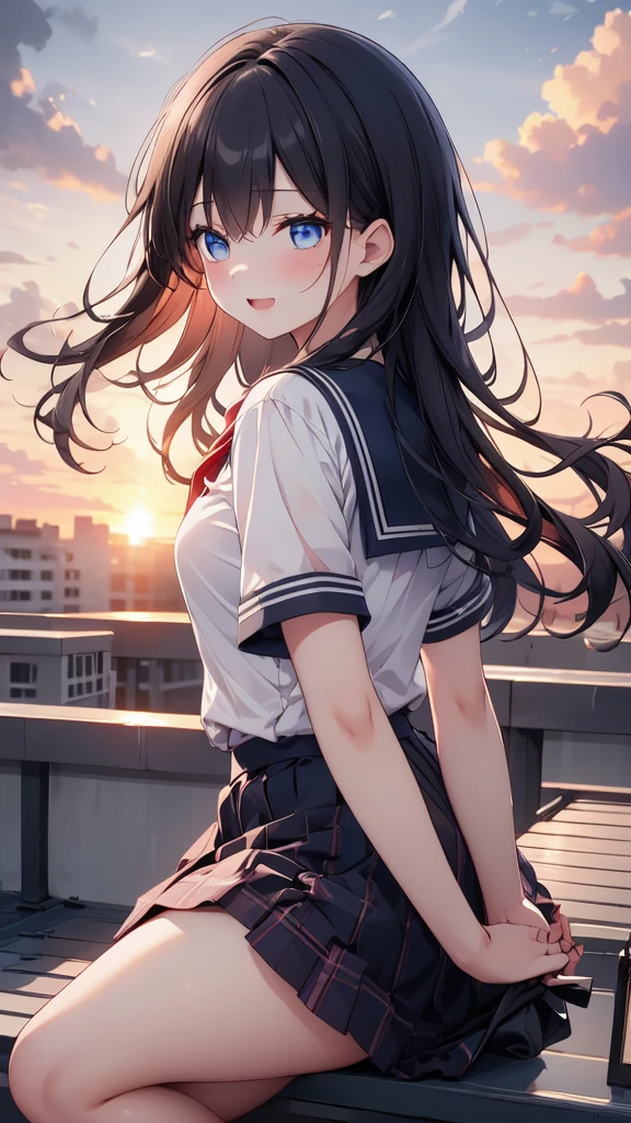 (8k, best quality, master piece: 1.2),super high resolution,1 girl, 独奏, colorshift eyes, hyperdetailed, expressive eyes, ultra-detailed face,,random hair, random color, Ecstatic expression, Back view, In the School Rooftop、A girl standing with the sunset in the background。Hair swaying in the wind、、A bag swinging on your back、Knee-length skirt