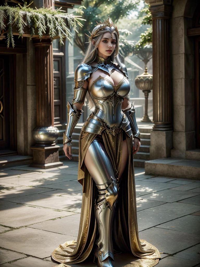 Realistic image cinematic shadows. in the courtyard realm. There is Elven Woman Queen, with Crown, Illuminated Face, Hips, Toned, Round Breasts, Gypsy, ((spruce neckline thick silver armor infested with Gold)) reflecting sunlight