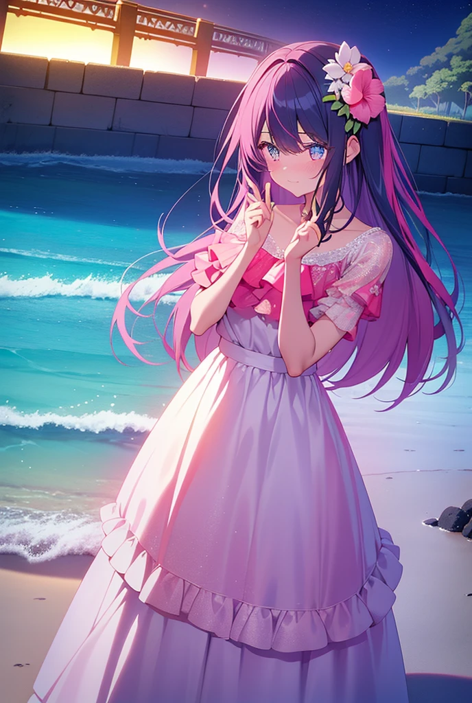 She has long pink hair and beautiful eyes Beautiful woman wearing an elegant and elaborate Hawaiian dress .For the dress To give it a luxurious and stylish look, it needs intricate designs and patterns in the background , Image Light reflected on the surface of the water. Further illuminated bridge. Must be, This is an image of a romantic Hawaiian beach at night. Enhance the sparkle and rainbow effect throughout the image.. Enhance your look Add some special ruffles to your dress, to make it stand out