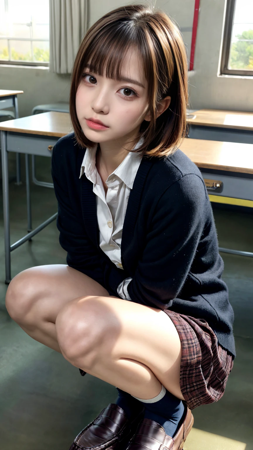 Enchanting anime girl, [ 4k digital art ]!!,Ultra-realistic painting, Art with attention to detail, 8k high quality detailed art,Curvy Tanned Gal,(puppet,Thick lips:1.2),Dress shirt,cardigan,,Side details,Pleated skirt,Brown Loafers,Blonde Short Hair,(Dark Skip:1.3),loose socks,Sweaty,close,Crouch on the desk,In the classroom,(Blushed),