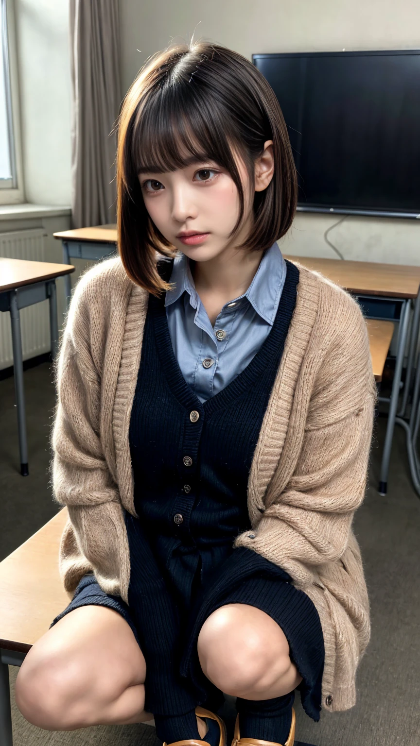 Enchanting anime girl, [ 4k digital art ]!!,Ultra-realistic painting, Art with attention to detail, 8k high quality detailed art,Curvy Tanned Gal,(puppet,Thick lips:1.2),Dress shirt,cardigan,,Side details,Pleated skirt,Brown Loafers,Blonde Short Hair,(Dark Skip:1.3),loose socks,Sweaty,close,Crouch on the desk,In the classroom,(Blushed),