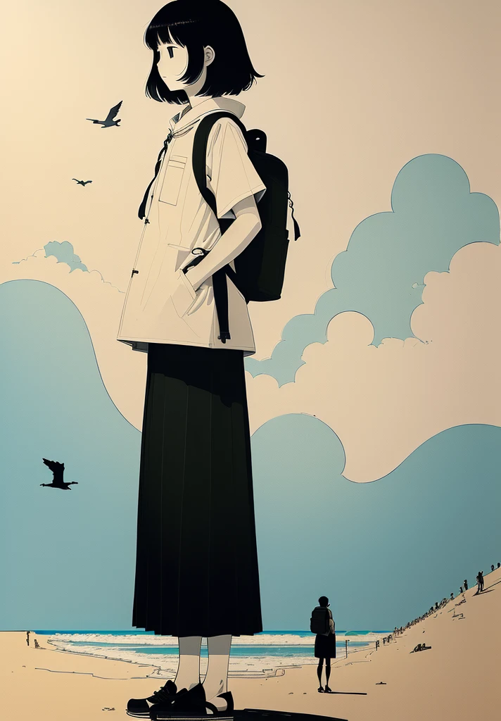A man standing on the beach,Carrying a backpack,A bird flies in the sky, Inspired by Takeyama Koji Saneatsu, This girl has a backpack, Saul Steinberg(Saul Steinberg)of inspiration, Inspired by Yasui Kotaro, Explorer Sketch, Inspired by Michizari Kono, Line Drawing, Inspired by Onchi Koshiro