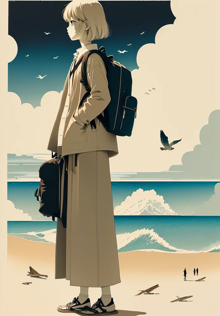 A man standing on the beach,Carrying a backpack,A bird flies in the sky, Inspired by Takeyama Koji Saneatsu, This girl has a backpack, Saul Steinberg(Saul Steinberg)of inspiration, Inspired by Yasui Kotaro, Explorer Sketch, Inspired by Michizari Kono, Line Drawing, Inspired by Onchi Koshiro