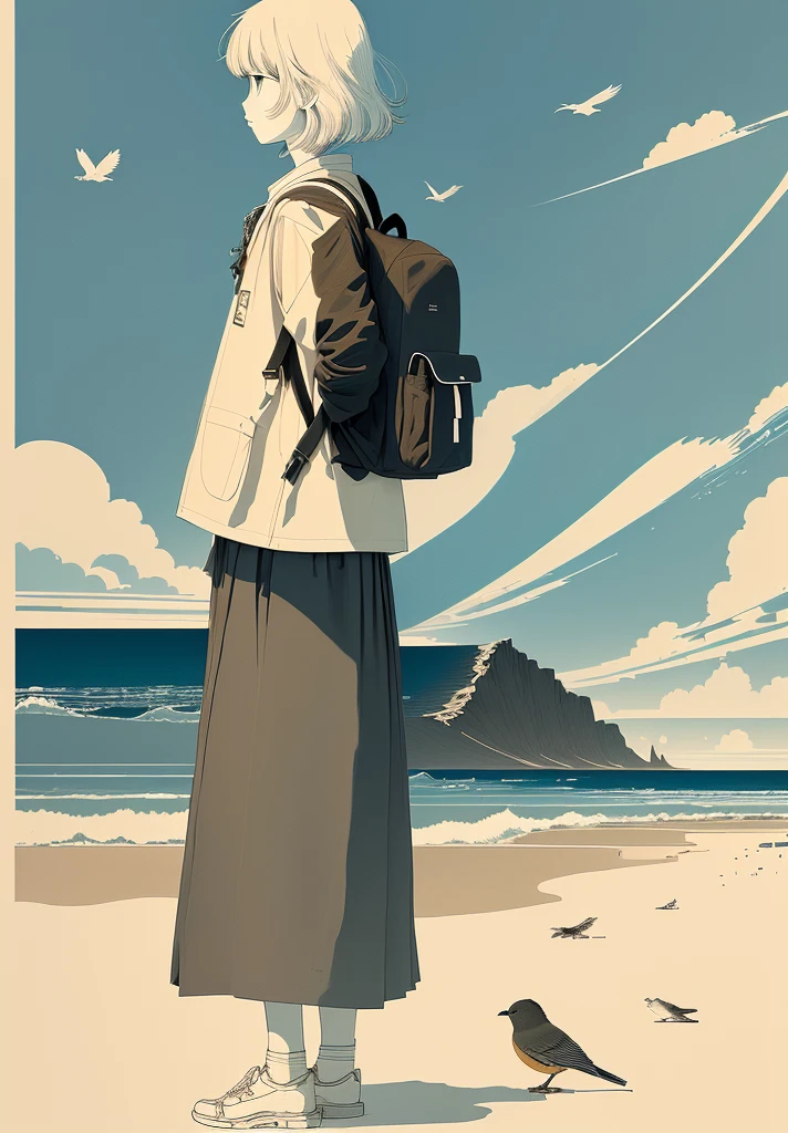 A man standing on the beach,Carrying a backpack,A bird flies in the sky, Inspired by Takeyama Koji Saneatsu, This girl has a backpack, Saul Steinberg(Saul Steinberg)of inspiration, Inspired by Yasui Kotaro, Explorer Sketch, Inspired by Michizari Kono, Line Drawing, Inspired by Onchi Koshiro
