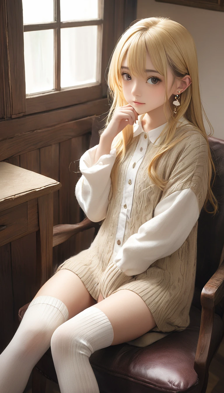 (masterpiece, Highest quality:1.2), One girl, alone,bony body、15 years old、(knee high socks) 、Earrings ,　Blonde