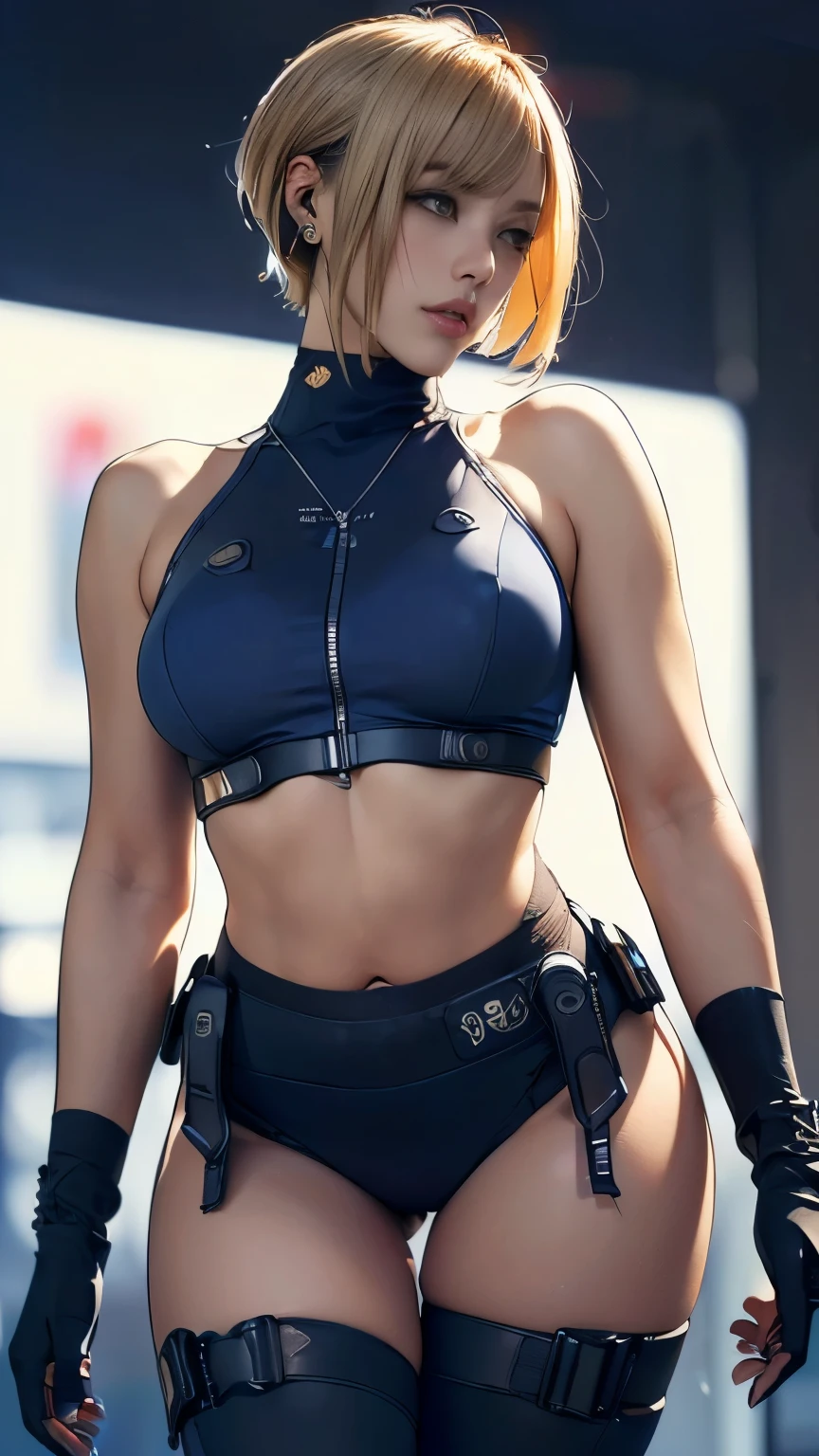 (A woman),(((A female member of the Future Force rides a motorcycle))),((Navy blue tactical tights:1.5)),((earphone:1.5)),((Tactical Holster:1.5)),(Gloves:1.5),(Serious:1.5),(Super short hair:1.5),(Blonde:1.5),(beautiful eyes:1.3),(Very detailedな顔:1.5),((Very detailedな女性の手の描画:1.5)),((muscular:1.5)),(Sexy appearance:1.5),((Thick thighs:1.5)),(Beautiful Body:1.5),((Very sensual:1.5)),(Background is hanger:1.5),(Cyberpunk atmosphere:1.5),(((Blurred Background:1.5))),(Written border depth:1.5),rest(((masterpiece:1.5),(best quality:1.5),(Very detailed:1.5),(high resolution:1.5),(Practical:1.5),(Practical:1.5),(Delicate depiction),(Carefully drawn))),8K,wallpaper