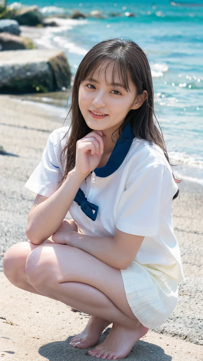 ((Attention to detail)),(Super detailed), 非常に詳細な CG ユニティ 8K 壁紙, Highest quality, 8K, 11 years old、girl、Two people、Fluffy long hair,、Mid-chest、Beautiful Skin、Beautiful legs、Thin legs、((smile))、sea,Summer outfit、