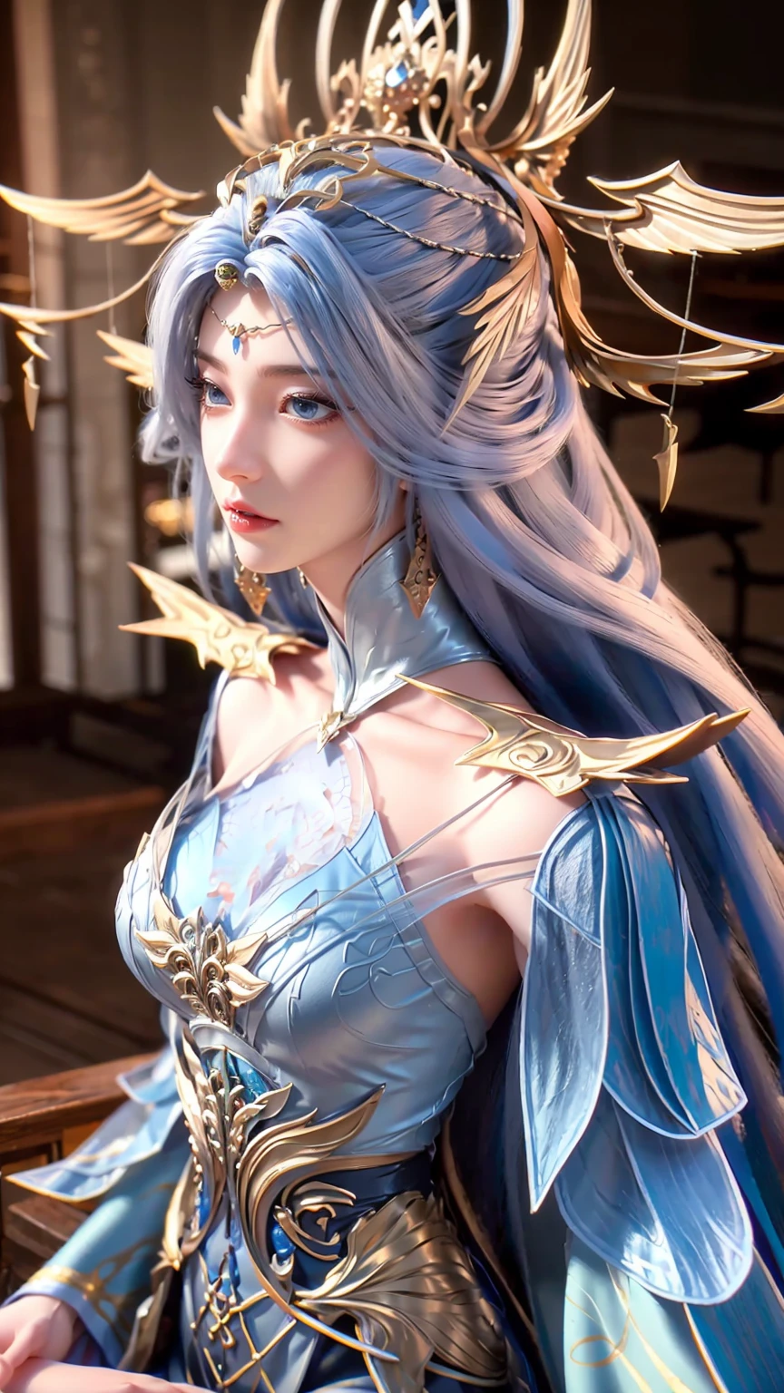 A beautiful woman with long, flowing blue hair and blue eyes sitting on a throne, wearing an elegant dress, in a cute anime-style setting. The image is high-quality, detailed, and masterfully rendered, with vivid colors and a sense of magic and fantasy. The character has been designed with great attention to detail, with a focus on her beautiful facial features, including her eyes, nose, and lips. The scene has a dreamlike, whimsical quality, with a touch of anime influence. The overall style is a combination of CGSTATION trends, Artgerm's meticulous attention to detail, and the enchanting aesthetics of WLOP and Sakimichan.