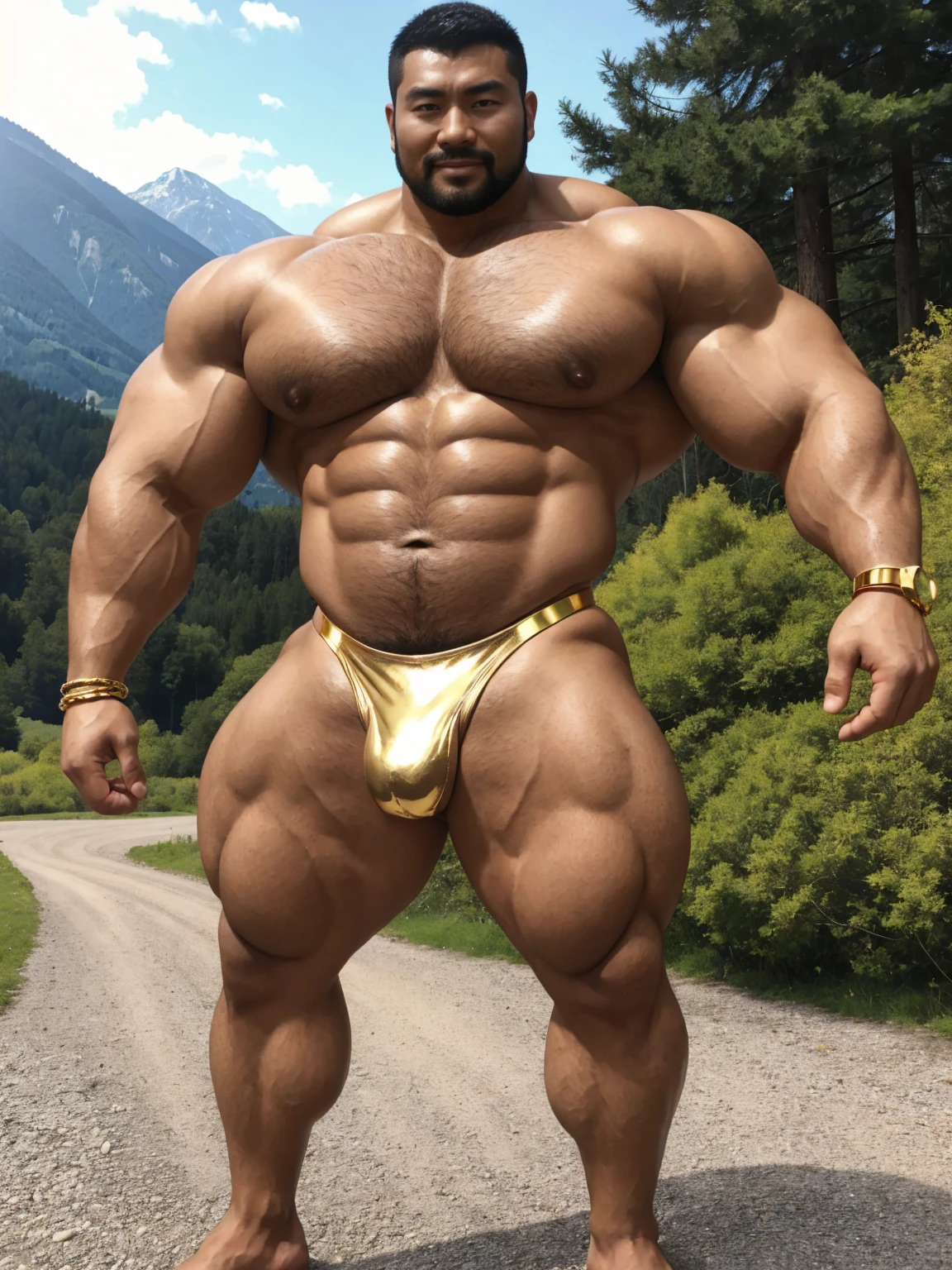 There is only one handsome Chinese man in the photo，35 years old，tall, Fitness，Smooth body，Smooth skin，No chest hair，short hair, O-Shaped Beard，Perfect body, Dark skin color，Radiant Skin，Smooth skin，Shiny, shiny skin，Smooth pectoral muscles，Muscle bulge, muscular, Very large pectoral muscles，Very sexy abdominal muscles，Very well-developed leg muscles，Huge concave and convex area，Brightens oily skin，Wearing a shiny gold leather thong，Handsome face，Normal human toes，Correct and accurate male body proportions，Gold Collar，Gold bracelet，Gold anklets，Standing in the Swiss landscape。
