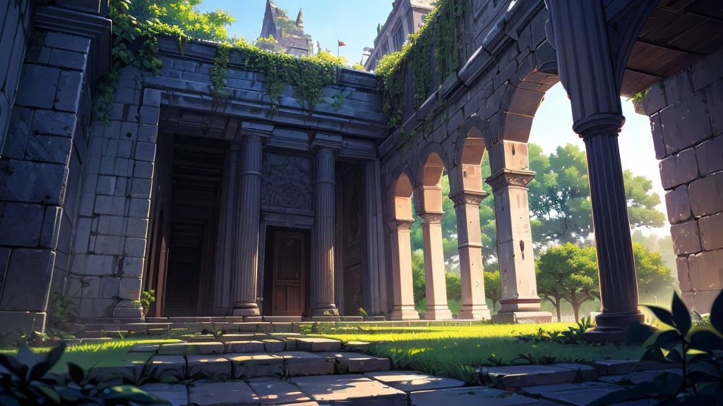 colorful, (best quality, ultra-high resolution, depth of field:1.2), ruins, deteriorated castle ruins covered by foliage