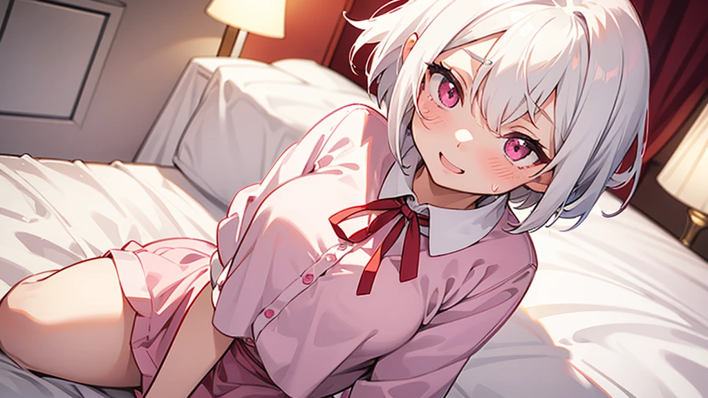 White Hair Girl、Pink Eyes、Short Hair、Only one girl、Night、In the bedroom、Blushing、laughing、Excited、Just One、Sitting on the bed、Sweating、Red ribbon on the right side of the head