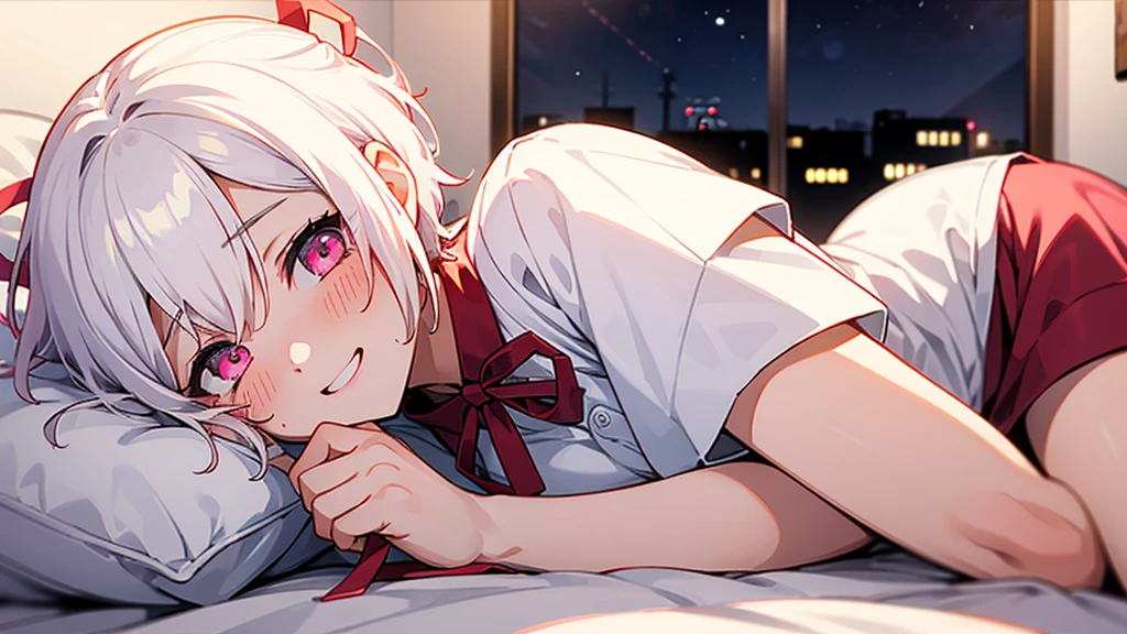 White Hair Girl、Pink Eyes、Short Hair、Only one girl、Night、In the bedroom、Blushing、laughing、Excited、Just One、Sitting on the bed、Sweating、Red ribbon on the right side of the head