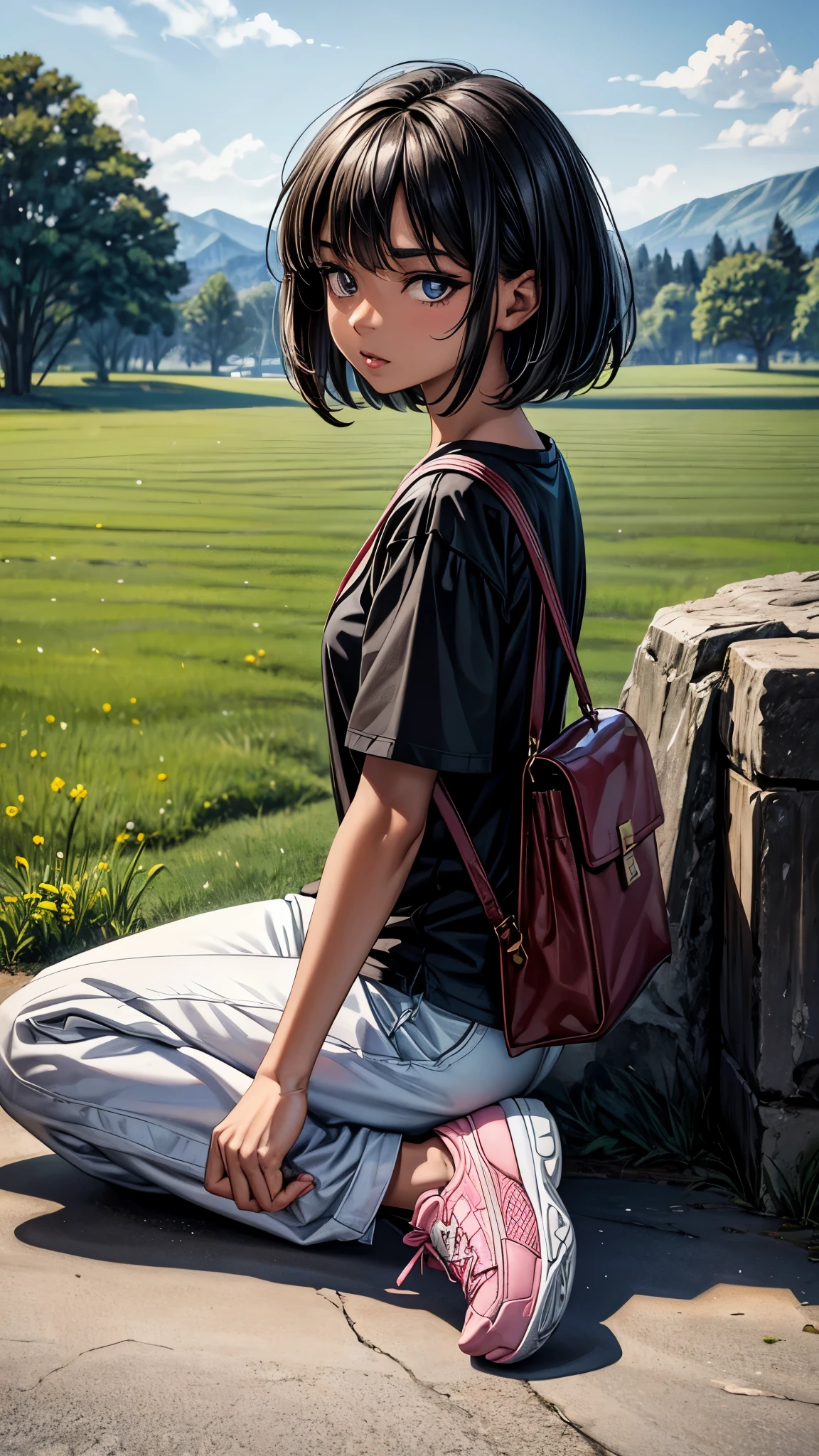 ((From side2.0)),((look away2.0)),((face close up)),beautiful detailed eyes, beautiful detailed lips, extremely detailed eyes and face, longeyelashes, 1 Japanese girl, outside the countryside,,((dark skin color)), (very short black hair),displeased,casual pink shirt, short sleeve,wide pants,sneaker, shoulder bag, walk the countryside,spread legs,best quality, 4k, 8k, highres, masterpiece:1.2, ultra-detailed, realistic, photorealistic, photo-realistic:1.37, HDR, UHD, studio lighting, ultra-fine painting, sharp focus, physically-based rendering, extreme detail description, professional, vivid colors, bokeh, portraits