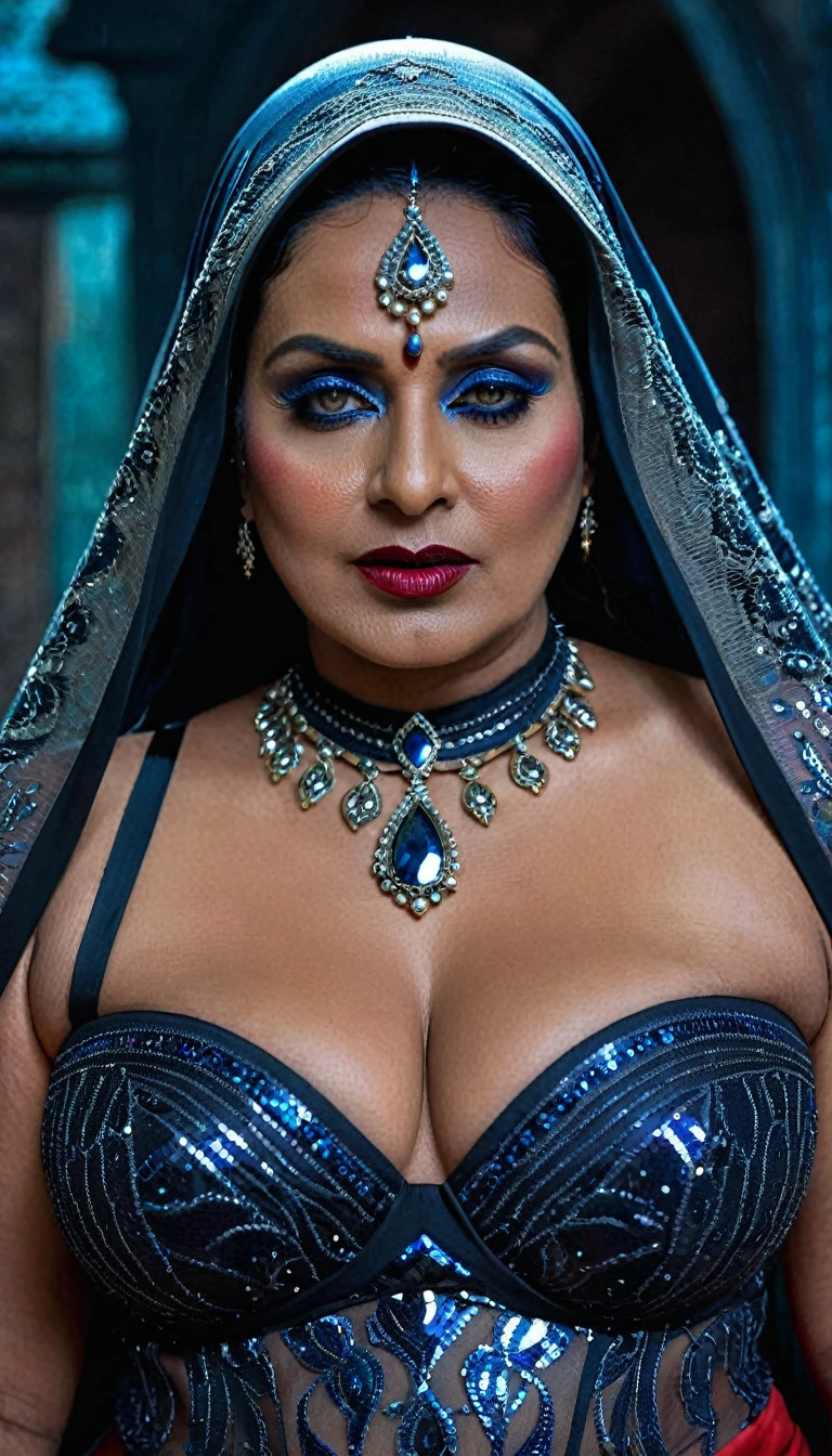 Looks like Rituparna Sengupta, full body Closeup shot, Big chubby aunty, milf, cougar lady witch, horny Gothic milf, 70 years old gorgeous mature lady, pervert demoness, demoness of lust, curvy, black lips, horny face, extremely gorgeous, thick figure, heavy physique, voluptuous, curvy, sexy figure, Fashionable portrait of androgynous alien looking witch wearing veil, glowing eyes, futuristic design, minimal details, givenchy, photoreal, 200mm, hd, f/ 2.0, highly detailed, surreal, sexy beautiful evil woman, sexy bold sequin Saree with strapless Bra, chudail, Pishachini, horror genre, blood-thirsty enchantress, powerful female spirit, eerie, drop dead, in the style of red and blue, (intricate details, hyperdetailed:1.15) (skin texture:1.2), dark Moody tone, cinematic lighting, haunted place in background,