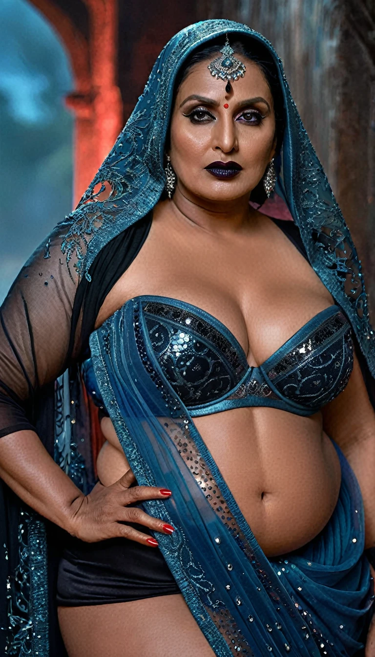 Looks like Rituparna Sengupta, full body Closeup shot, Big chubby aunty, milf, cougar lady witch, horny Gothic milf, 70 years old gorgeous mature lady, pervert demoness, demoness of lust, curvy, black lips, horny face, extremely gorgeous, thick figure, heavy physique, voluptuous, curvy, sexy figure, Fashionable portrait of androgynous alien looking witch wearing veil, glowing eyes, futuristic design, minimal details, givenchy, photoreal, 200mm, hd, f/ 2.0, highly detailed, surreal, sexy beautiful evil woman, sexy bold sequin Saree with strapless Bra, chudail, Pishachini, horror genre, blood-thirsty enchantress, powerful female spirit, eerie, drop dead, in the style of red and blue, (intricate details, hyperdetailed:1.15) (skin texture:1.2), dark Moody tone, cinematic lighting, haunted place in background,